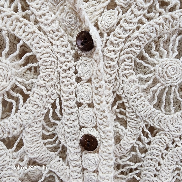 Boho Crochet Open Knit Cardigan Sweater 100% Cotton Cream Ivory Festival Cottage - Picture 9 of 13